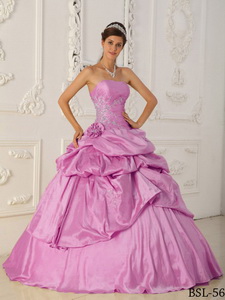 Rose Pink Princess Strapless Floor-length Taffeta Beading Quinceanera Dress