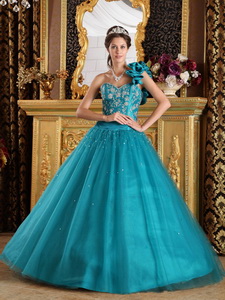 Teal Princess One Shoulder Floor-length Tulle Beading Quinceanera Dress