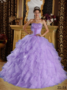 Lavender Ball Gown Strapless Floor-length Satin and Organza Embroidery with Beading Quinceanera Dres