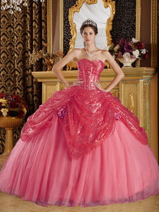 Coral Red Ball Gown Sweetheart Floor-length Sequined and Tulle Handle Flowers Quinceanera Dress