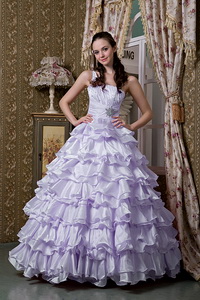 Lilac One Shoulder Floor-length Elastic Woven Satin Beading Ruffled Layers Quinceanea Dress