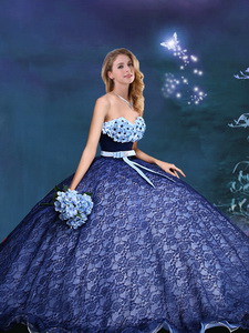 Beautiful Applique and Bowknot Laced Prom Gown in Royal Blue