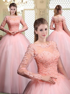 Pretty Bateau Long Sleeves Beading And Appliques Quinceanera Dress