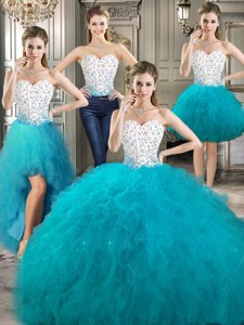 Affordable Beaded And Ruffled Detachable Quinceanera Dress In Teal And White