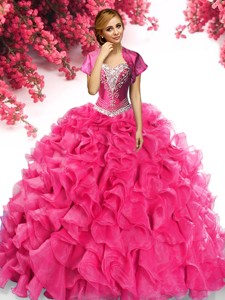 Gorgeous Organza Hot Pink Quinceanera Dress with Appliques and Ruffles