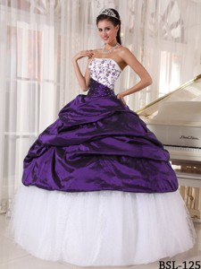 Beautiful Ball Gown Strapless White and Purple Embroidery Quinceanera Dress