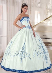 White and Blue Strapless Floor-length Embroidery Quinceanera Dress