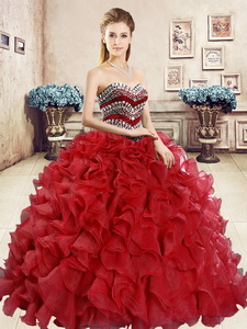 New Style Organza Red Sweet 16 Dress with Beading and Ruffles