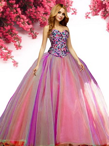 New Style Beaded Bodice Tulle Quinceanera Dress in Rainbow