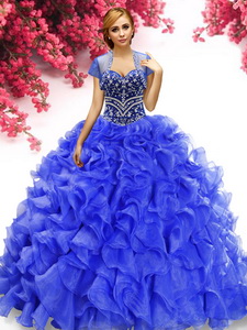Popular Royal Blue Organza Quinceanera Gown with Beading and Ruffles