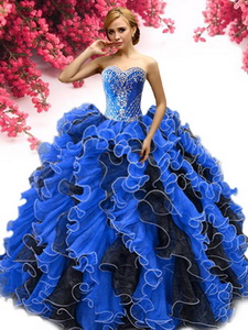 Inexpensive Beaded and Ruffled Sweet 16 Dress in Royal Blue and Black