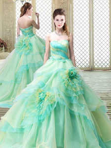 New Strapless Brush Train Quinceanera Dress With Hand Made Flowers