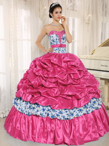 Beaded and Pick-ups For Coral Red Quinceanera Dress Taffeta and Printing