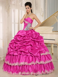 Hot Pink Beaded Appliques And Pick-ups Quinceanera Dress For Custom Made
