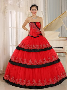 Red Hand Made Flowers Custom Made Quinceanera Dress In Arcata California