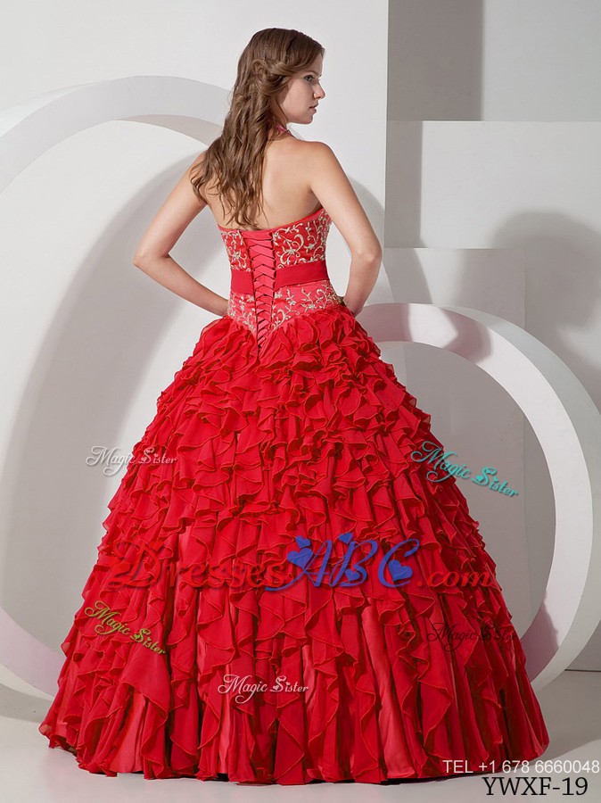 Ball Gown Halter Chiffon Embroidery Quinceanera Dress in Red