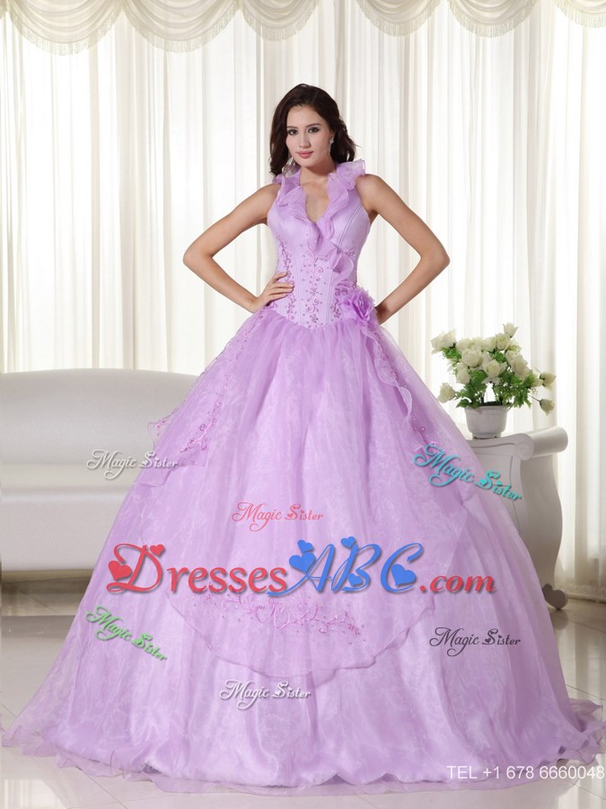 Lavender Ball Gown Halter Floor-length Chiffon Embroidery and Beading Quinceanera Dress