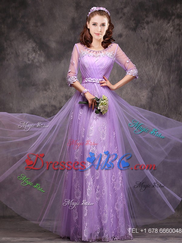 Popular Half Sleeves Lavender Quinceanera Court Dress With Appliques And Beading
