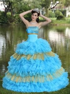Beaded Decorate Bust Sequins Organza Aqua Blue and Yellow Strapless Floor-length Tiered Sweet Quince