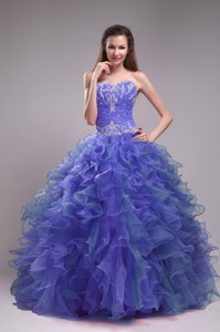 Blue Ball Gown Sweetheart Floor-length Orangza Appliques Quinceanera Dress