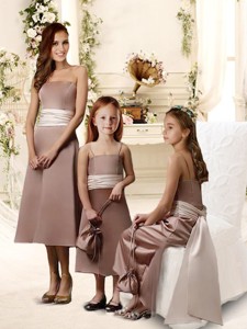 Natural Brown Tea Length Quinceanera Dama Dress With Sashes