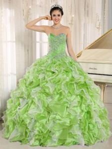 Spring Green Beaded Bodice And Ruffles Custom Made Quinceanera Dress