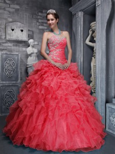 Beautiful Sweetheart Taffeta and Organza Beading and Appliques Red Quinceanera Dress