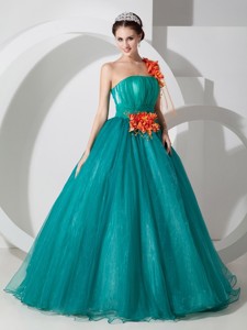 Teal One Shoulder Floor-length Organza Hand Made Flowers Prom Dress
