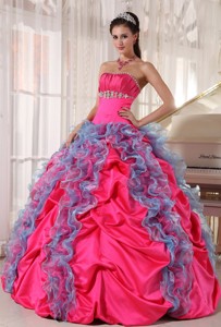 Hot Pink and Aqua Blue Ball Gown Strapless Floor-length Organza and Taffeta Beading and Ruffles Quin