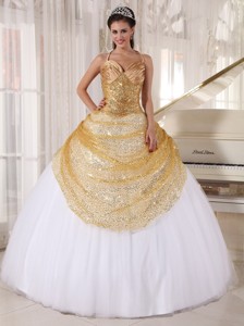 Champagne and White Ball Gown Spaghetti Straps Floor-length Tulle and Sequin Appliques Quinceanera D