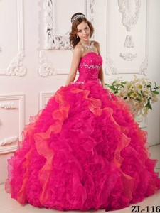 Coral Red Ball Gown Sweetheart Floor-length Organza Appliques and Beading Quinceanera Dress