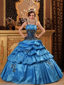 Blue Ball Gown Straps Floor-length Taffeta Appliques Quinceanera Dress