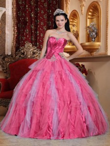 Coral Red Ball Gown Sweetheart Floor-length Tulle Beading Quinceanera Dress