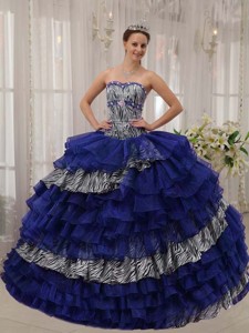 Blue Ball Gown Sweetheart Floor-length Zebra and Organza Beading Quinceanera Dress