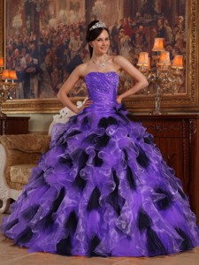 Purple and Black Ball Gown Strapless Floor-length Organza Quinceanera Dress