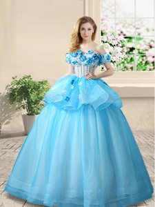Luxurious Applique and Beaded Baby Blue Prom Gown with Off the Shoulder