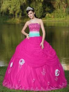 Tulle Strapless Hot Pink Quinceanera Dress For Girl With Flower Beaded Decorate