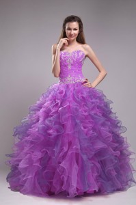 Purple Ball Gown Sweetheart Floor-length Orangza Appliques Quinceanera Dress