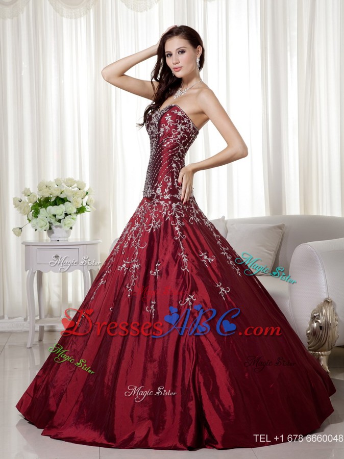 Wine Red Sweetheart Floor-length Taffeta Beading And Embroidery Quinceanera Dress