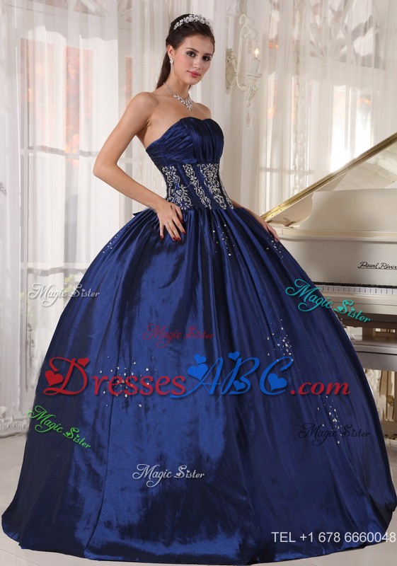 Navy Ball Gown Strapless Floor-length Taffeta Embroidery and Beading Quinceanera Dress