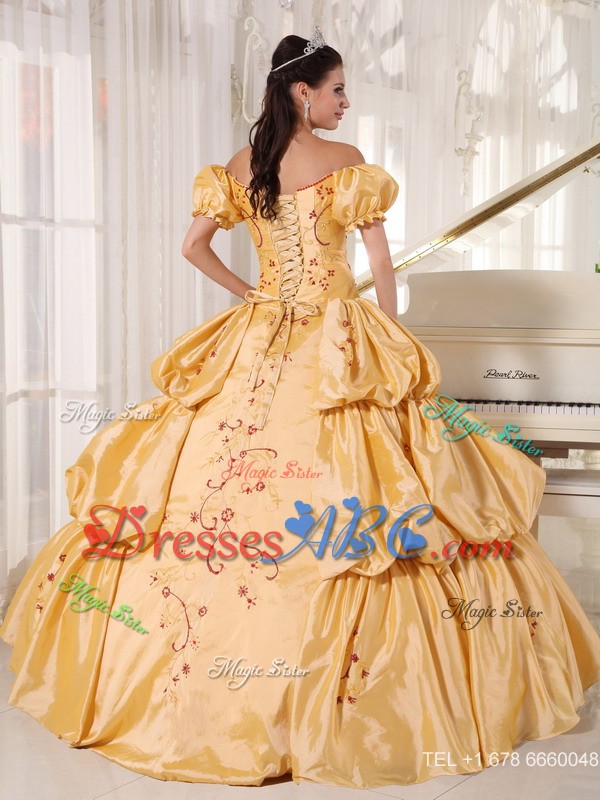 Gold Ball Gown Off The Shoulder Floor-length Taffeta Embroidery Quinceanera Dress