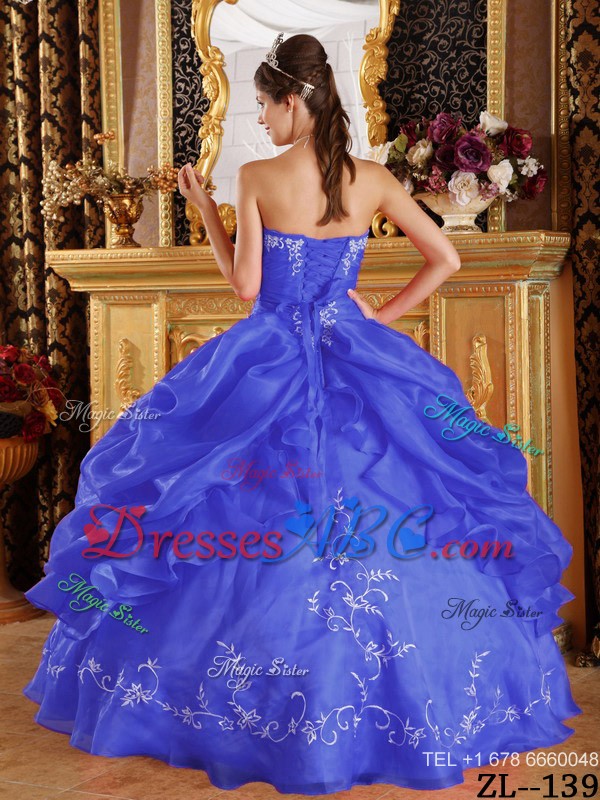 Ryal Blue Ball Gown Strapless Floor-length Embroidery Organza Quinceanera Dress