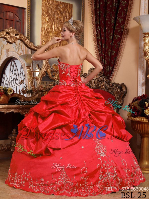 Red Ball Gown Sweetheart Floor-length Taffeta Embroidery with Beading Quinceanera Dress