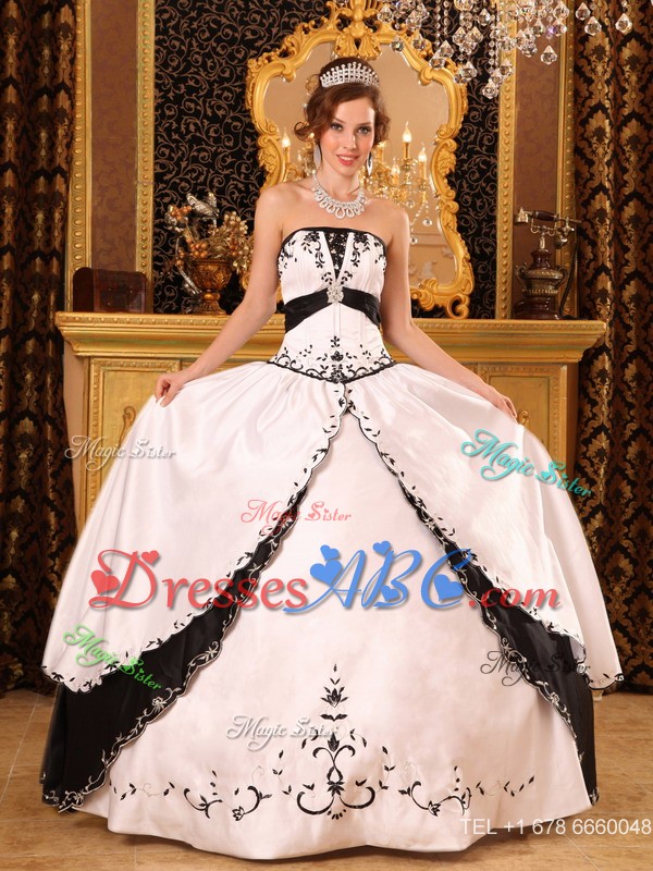 Classical Ball Gown Strapless Floor-length Embroidery Satin White Quinceanera Dress