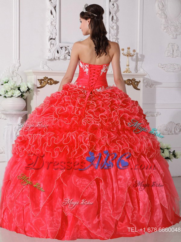 Coral Red Ball Gown Strapless Floor-length Organza Embroidery with Beading Quinceanera Dress