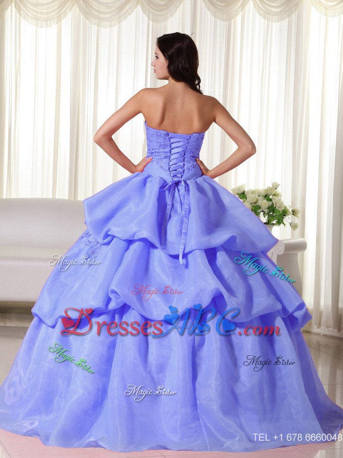 Blue Ball Gown Strapless Floor-length Organza Hand Flowers Quinceanera Dress