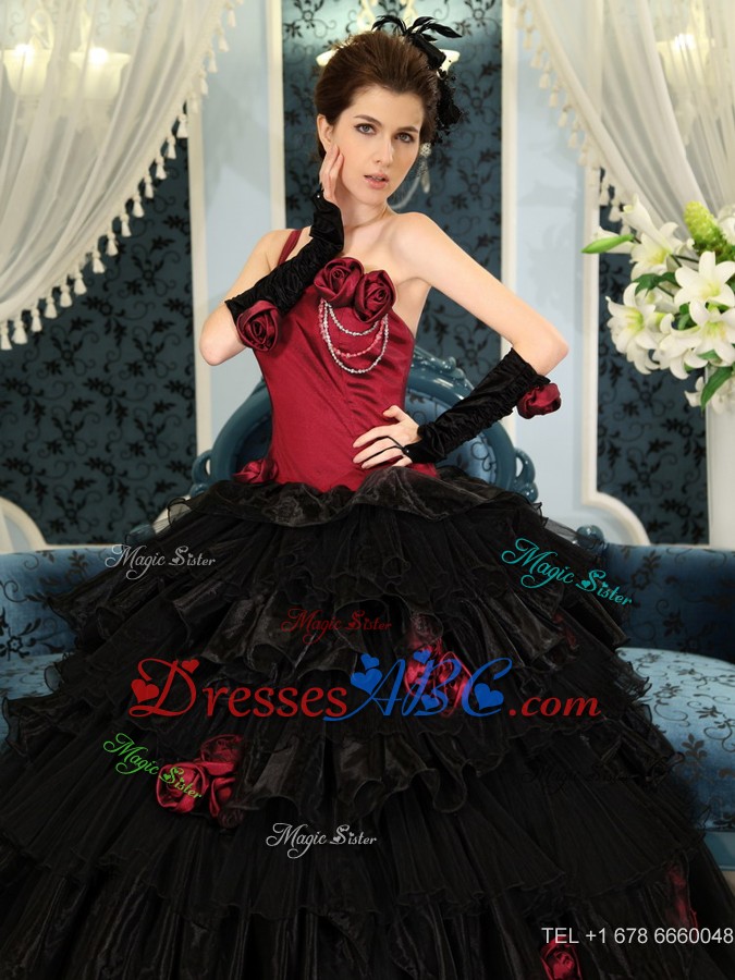 One Shoulder Wine Red And Black Ball Gown Hand Made Flowers Organza Ruffles Quinceanera Dress For Cu