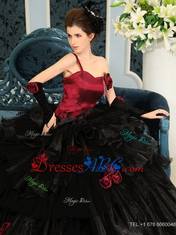 One Shoulder Wine Red And Black Ball Gown Hand Made Flowers Organza Ruffles Quinceanera Dress For Cu