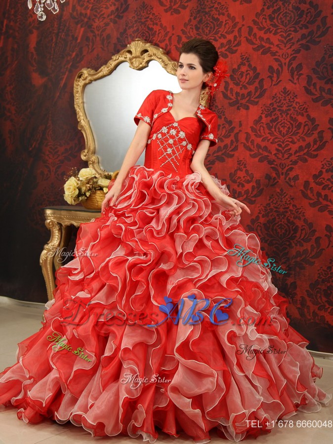 Ruffles Beading Sweetheart Organza Brush / Sweep Red Wedding Dress