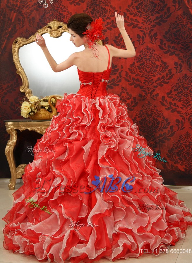 Ruffles Beading Sweetheart Organza Brush / Sweep Red Wedding Dress